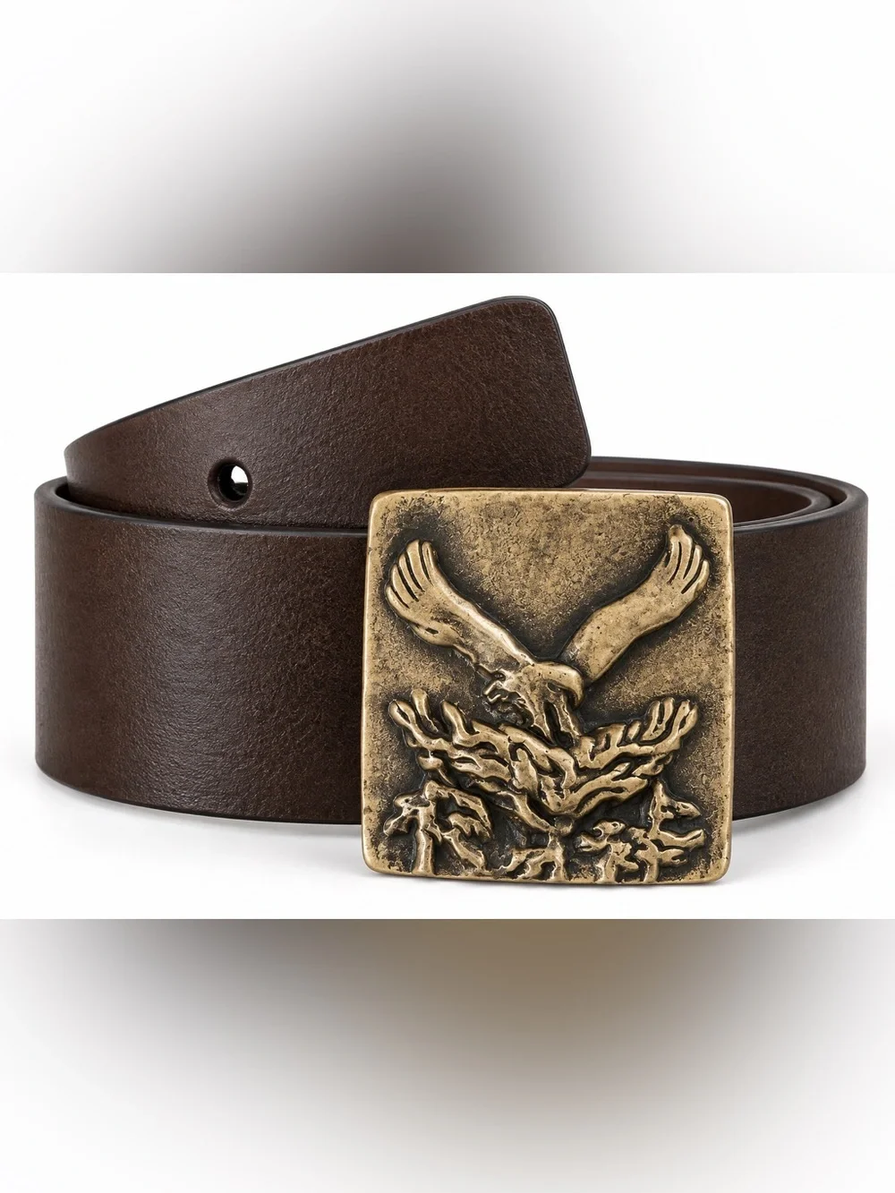 VINTAGE Solid Brass Eagle Belt Buckle Genuine Leather Brown Belt 1976 Anacortes
